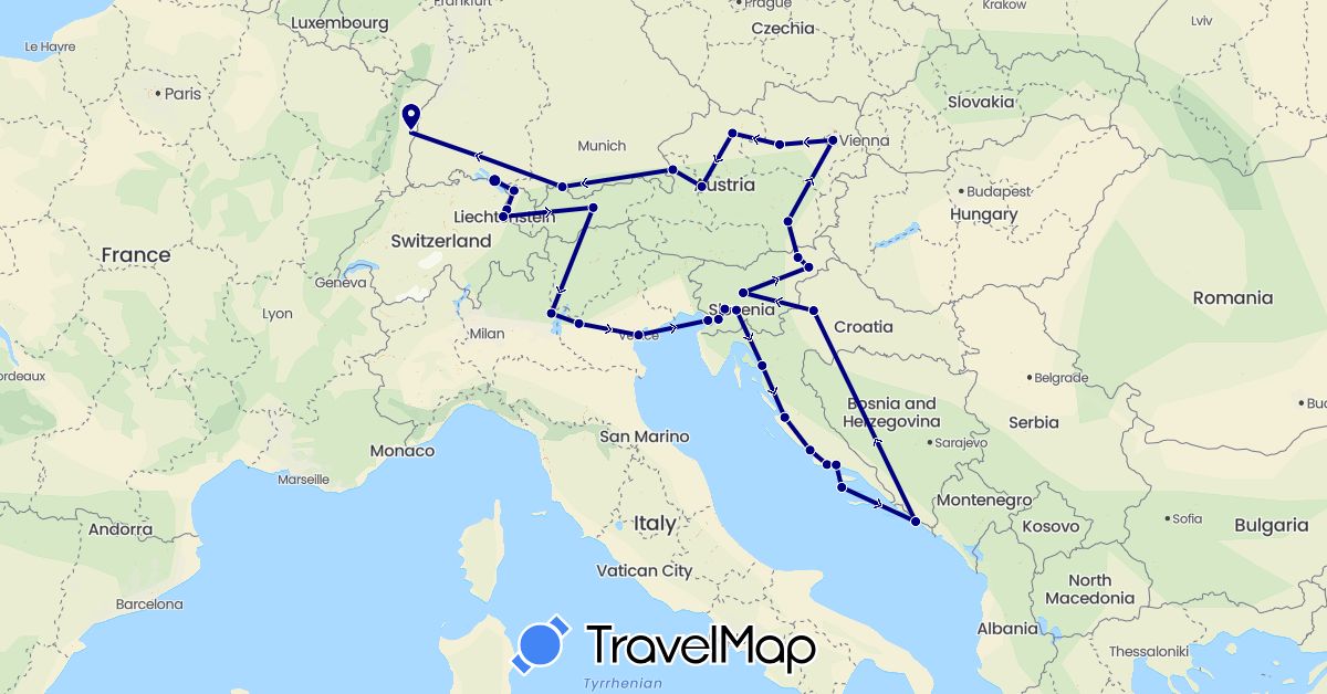 TravelMap itinerary: driving in Austria, Germany, France, Croatia, Italy, Liechtenstein, Slovenia (Europe)